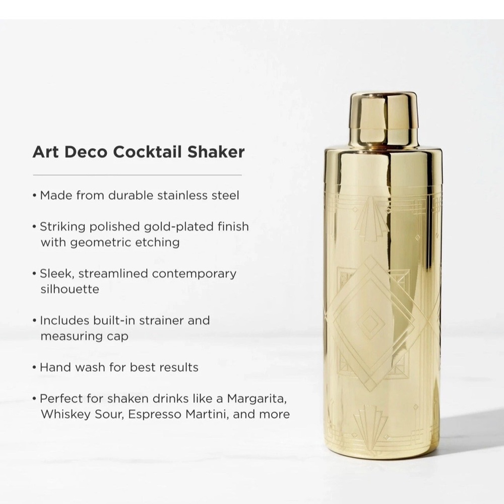 Viski Art Deco Gold Cocktail Shaker 24 oz Etched Stainless Steel NEW -Box Damage - Picture 9 of 9